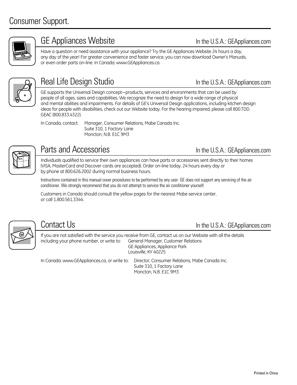 Consumer support. ge appliances website, Real life design studio, Parts and accessories | Contact us | GE AEQ12DQ User Manual | Page 48 / 48