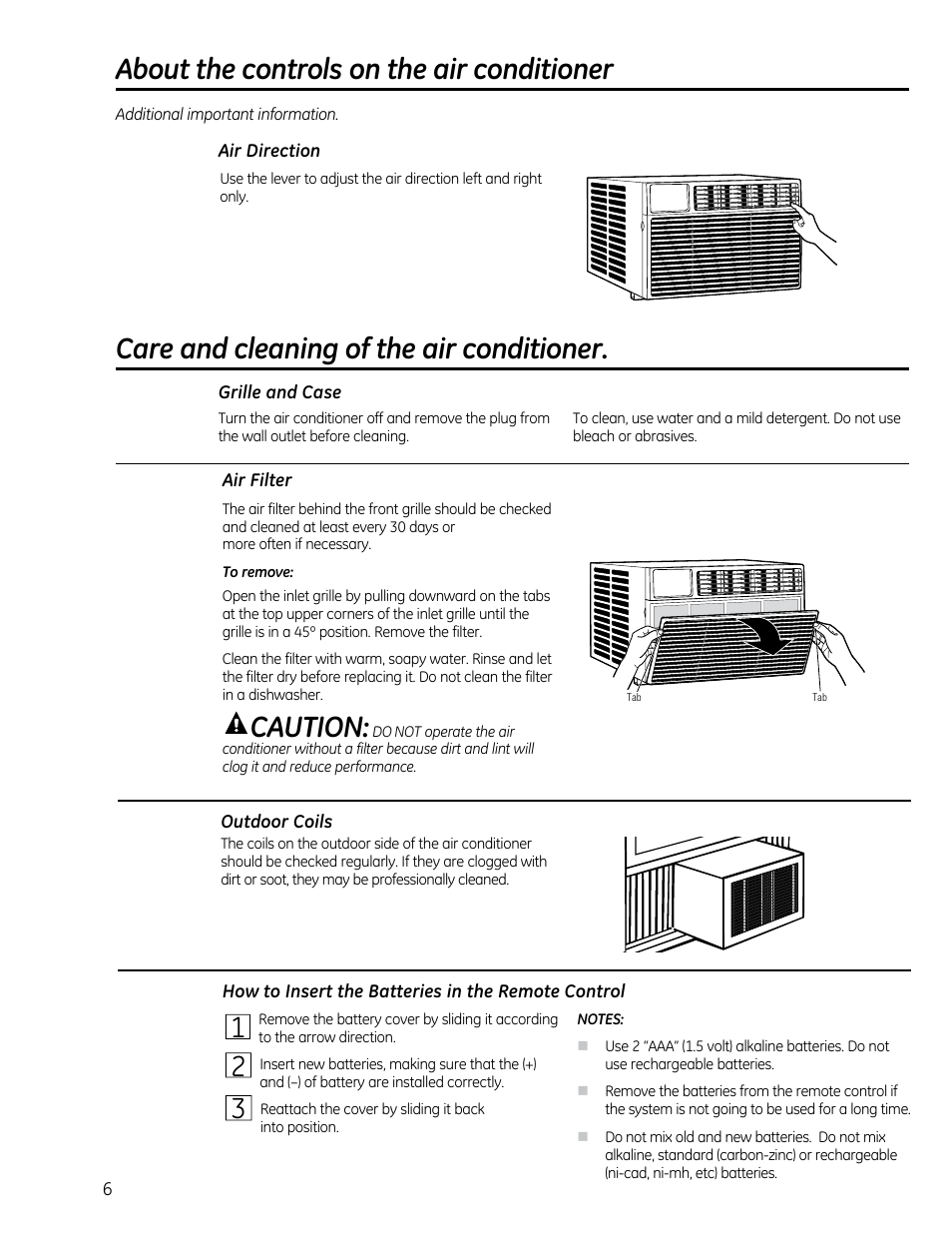 About the controls on the air conditioner, Care and cleaning of the air conditioner, Caution | GE AEQ12DQ User Manual | Page 6 / 48