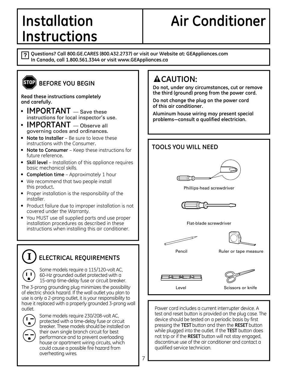 Installation air conditioner instructions, Important, Caution | GE AEQ12DQ User Manual | Page 7 / 48