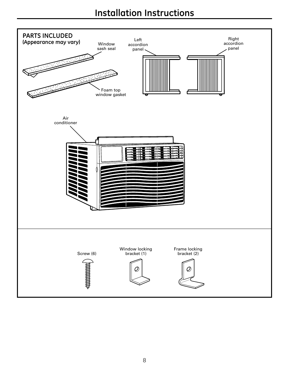 Installation instructions, Parts included | GE AEQ12DQ User Manual | Page 8 / 48