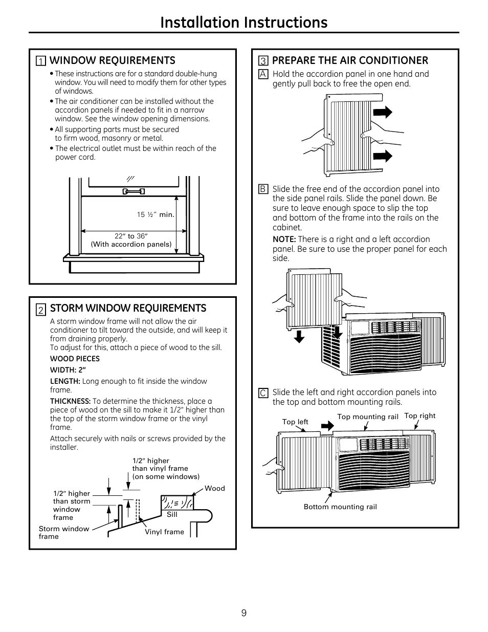 Installation instructions, Storm window requirements, Window requirements | Prepare the air conditioner | GE AEQ12DQ User Manual | Page 9 / 48