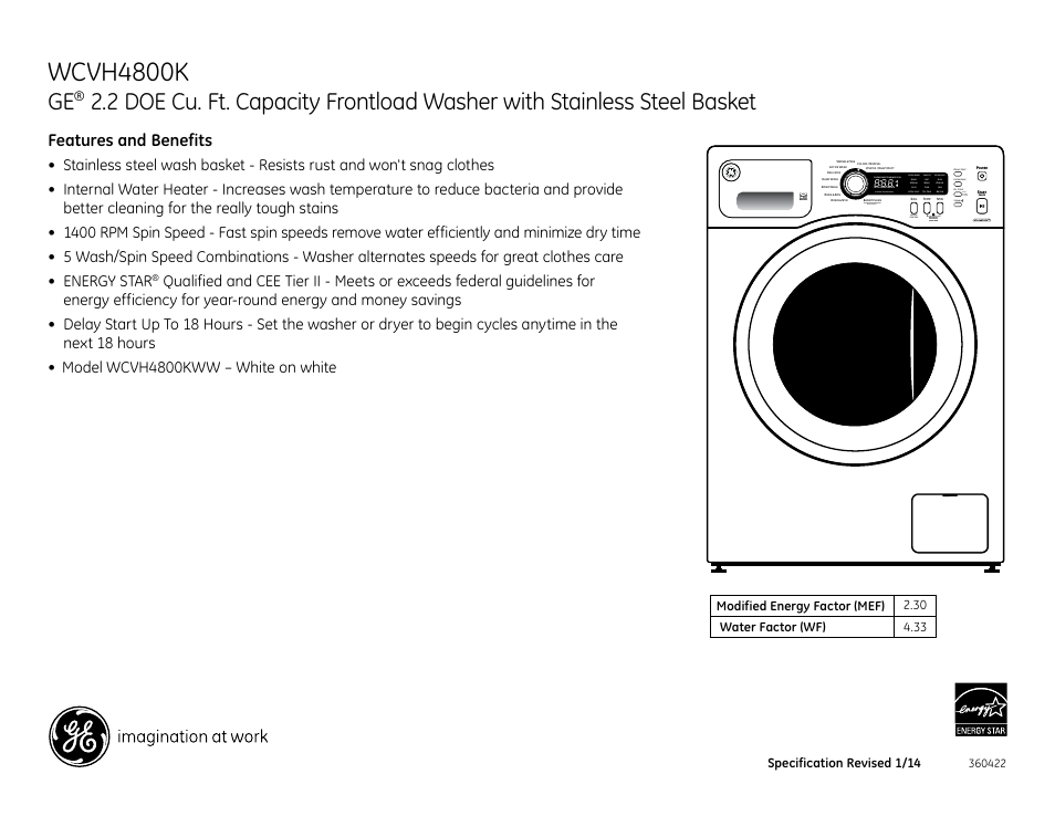 Wcvh4800k, Features and benefits, Estimated time remaining | Eavy, Ormal, Ight, Xtra, Edium, Anitize, Bleach only | GE WCVH4800KWW User Manual | Page 3 / 3