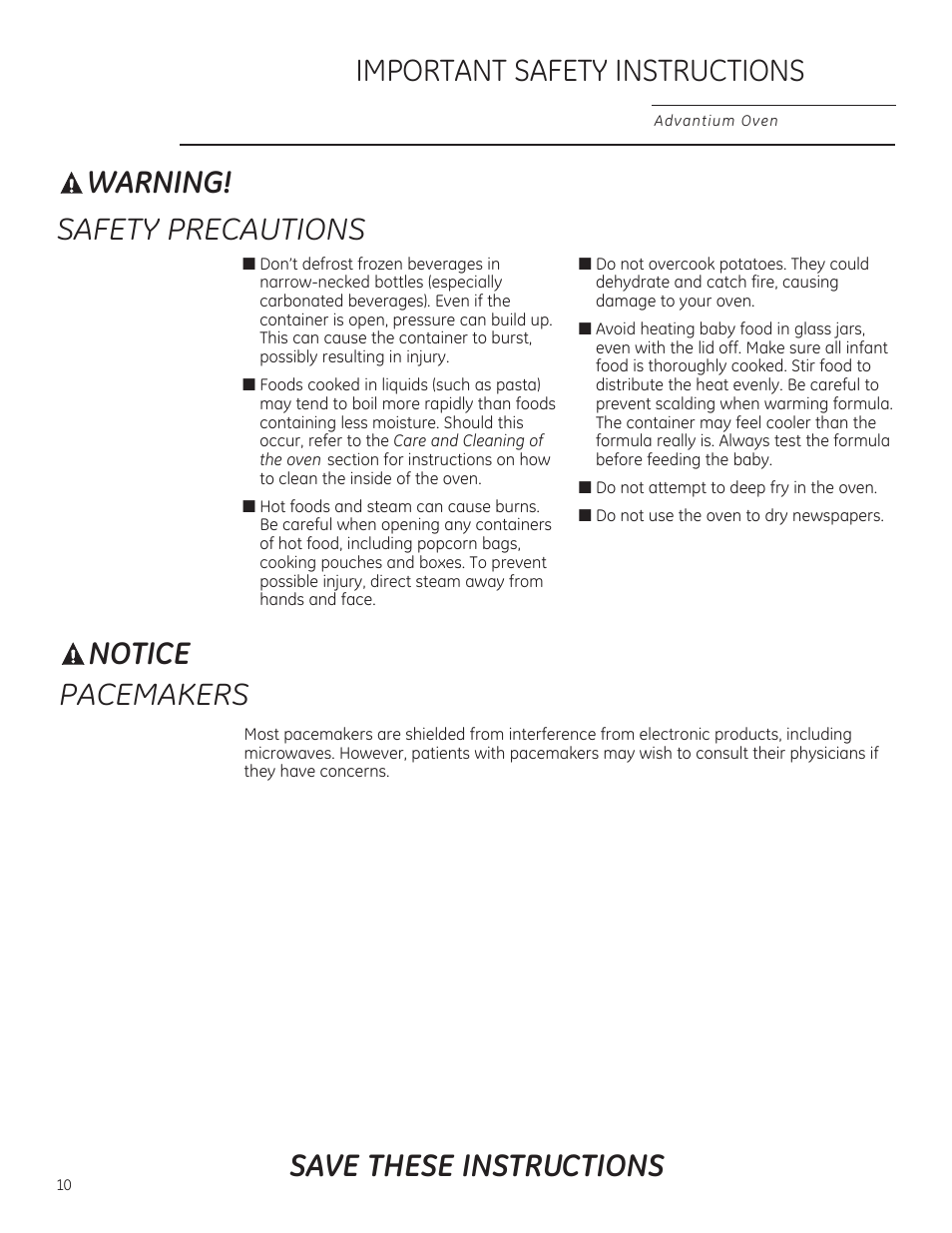 Warning, Safety precautions, Important safety instructions notice | Pacemakers save these instructions | GE PSB9240DFBB User Manual | Page 10 / 76