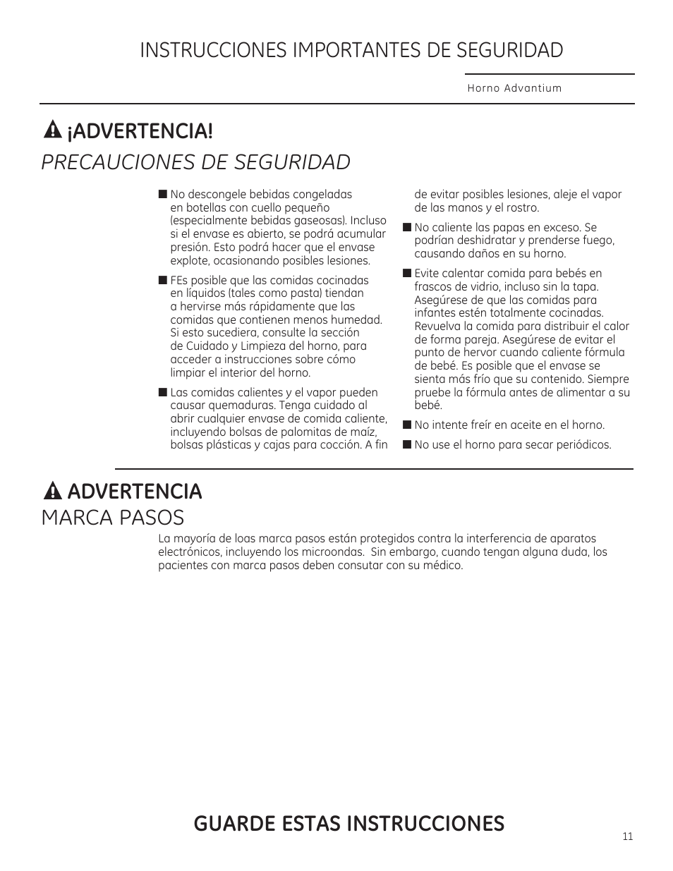 Instrucciones importantes de seguridad, Guarde estas instrucciones ¡advertencia, Precauciones de seguridad advertencia | Marca pasos | GE PSB9240DFBB User Manual | Page 11 / 76