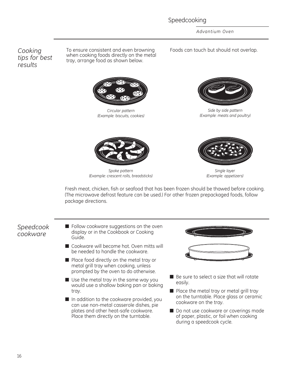 Speedcooking, Cooking tips for best results, Speedcook cookware | GE PSB9240DFBB User Manual | Page 16 / 76