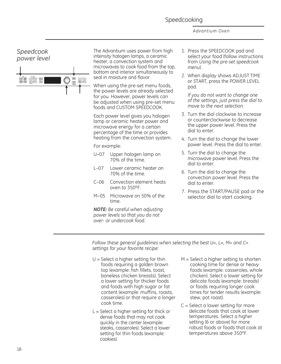 Speedcooking speedcook power level | GE PSB9240DFBB User Manual | Page 18 / 76
