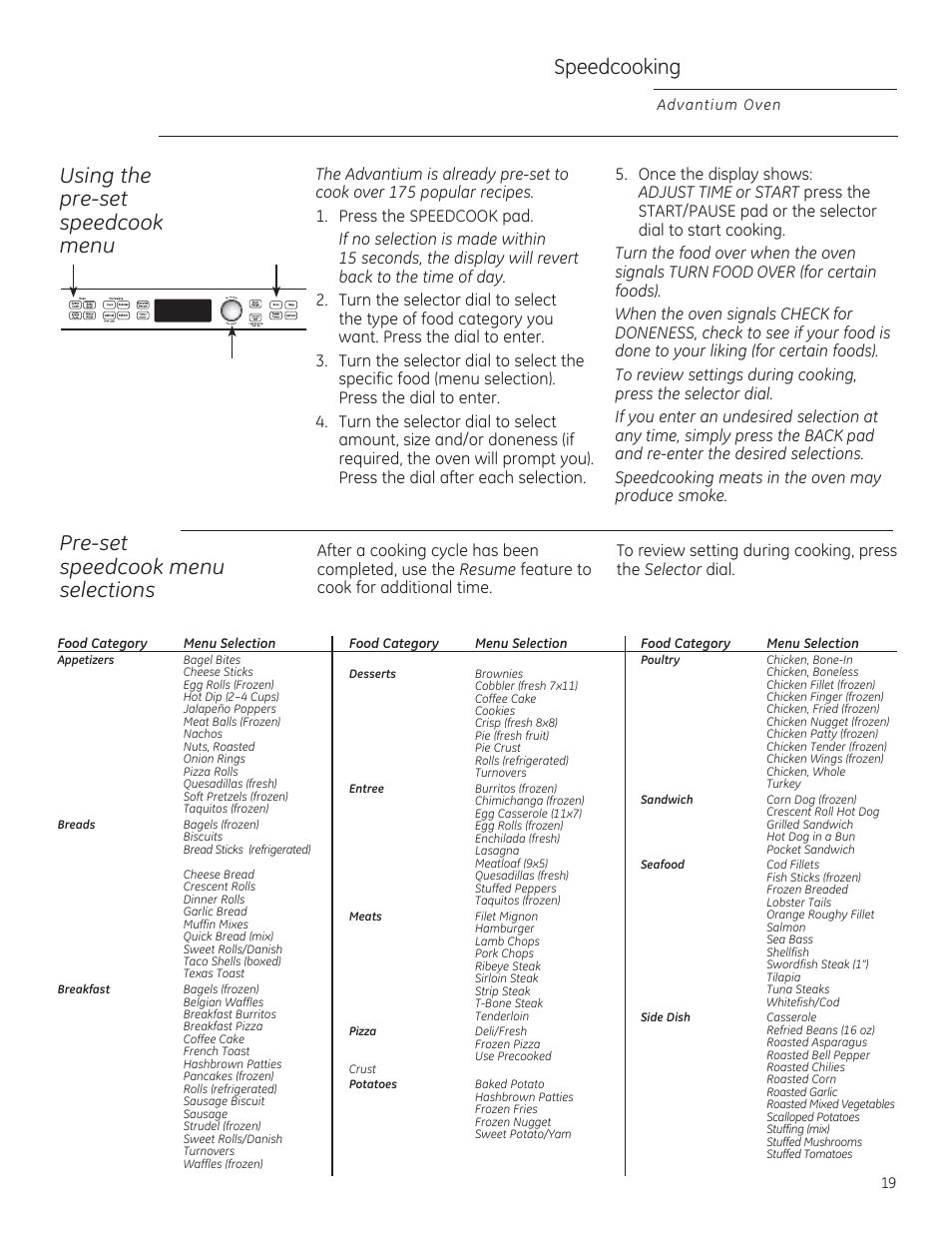 Speedcooking, Pre-set speedcook menu selections, Using the pre-set speedcook menu | GE PSB9240DFBB User Manual | Page 19 / 76