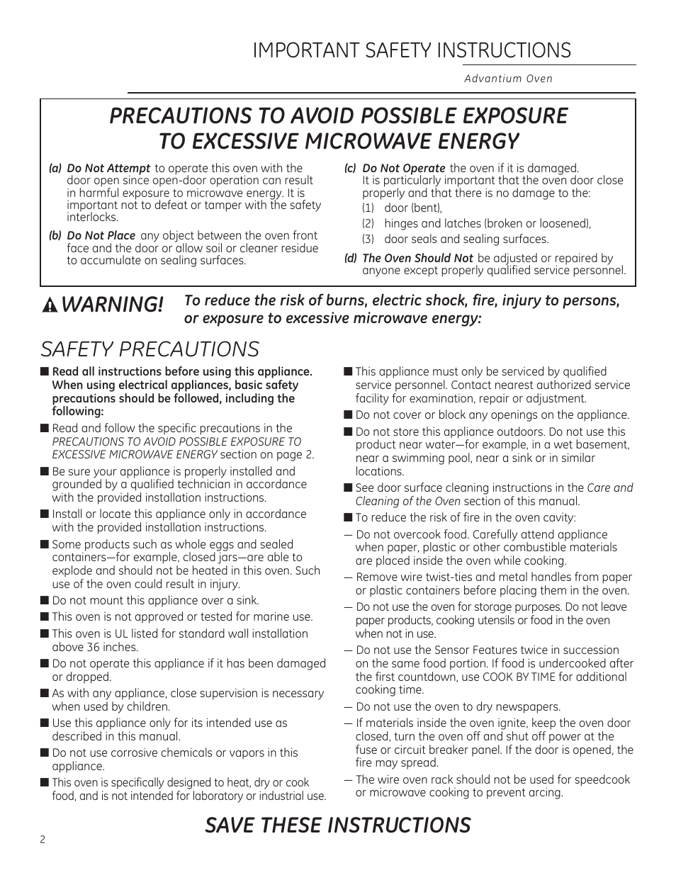 Warning! safety precautions | GE PSB9240DFBB User Manual | Page 2 / 76