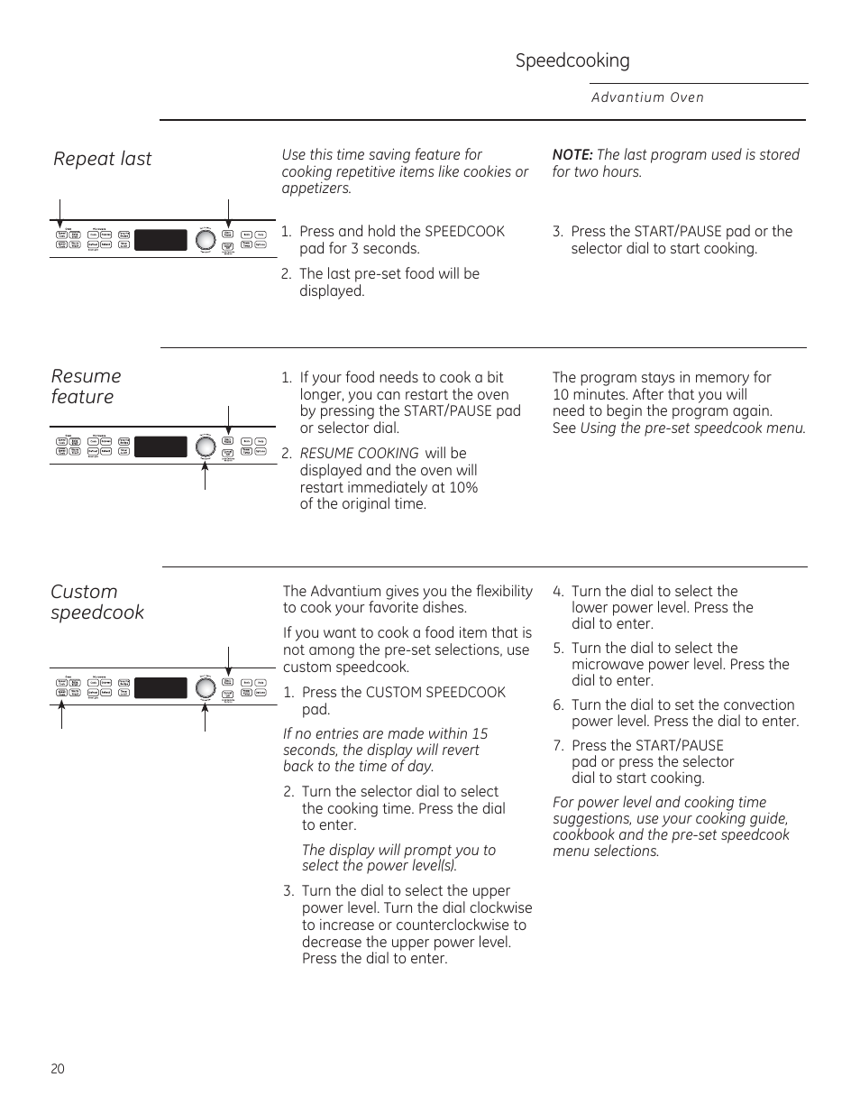 Speedcooking, Custom speedcook, Repeat last | Resume feature | GE PSB9240DFBB User Manual | Page 20 / 76