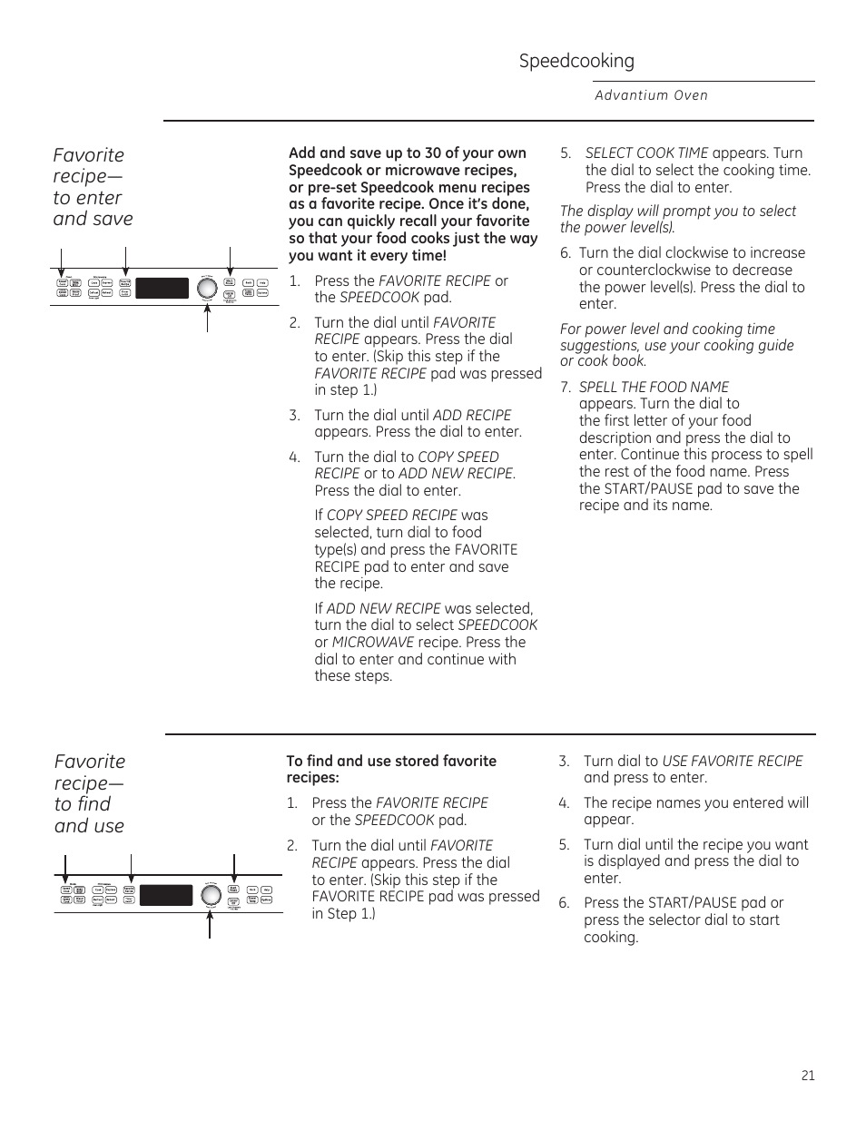Speedcooking, Favorite uhflsh³ to enter and save, Favorite uhflsh³ to find and use | GE PSB9240DFBB User Manual | Page 21 / 76
