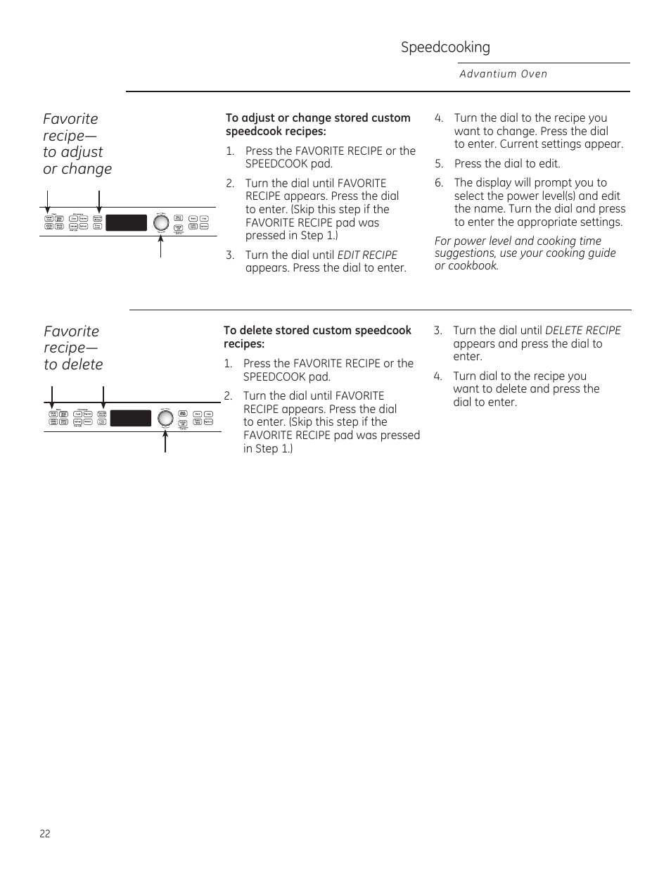Speedcooking, Favorite uhflsh³ to adjust or change, Favorite uhflsh³ to delete | GE PSB9240DFBB User Manual | Page 22 / 76