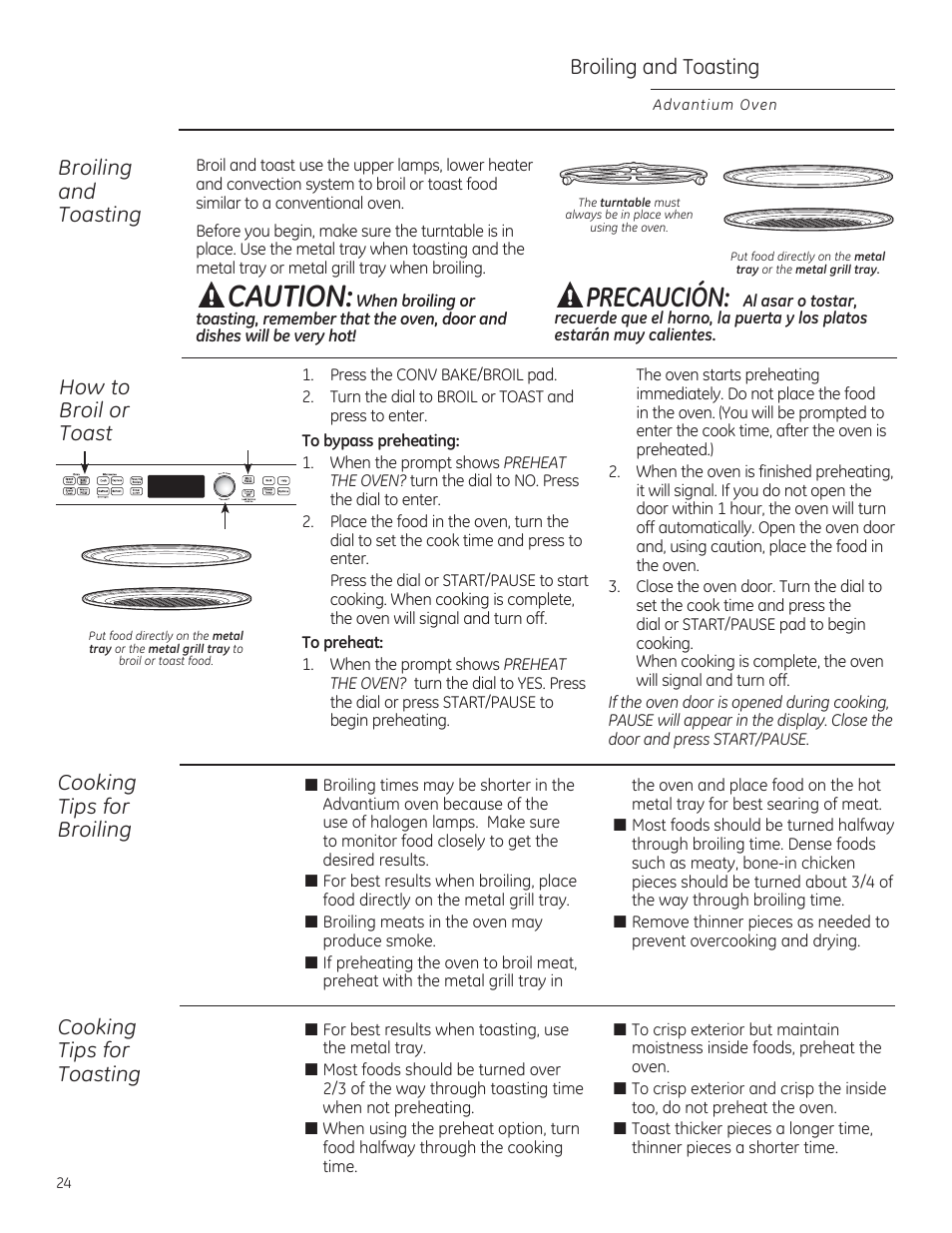 Caution, Precaución, Broiling and toasting | How to broil or toast broiling and toasting, Cooking tips for broiling, Cooking tips for toasting | GE PSB9240DFBB User Manual | Page 24 / 76