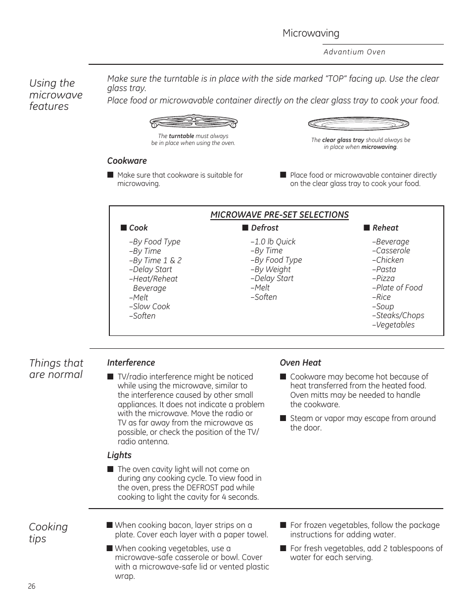 Microwaving, Using the microwave features, Things that are normal | Cooking tips | GE PSB9240DFBB User Manual | Page 26 / 76