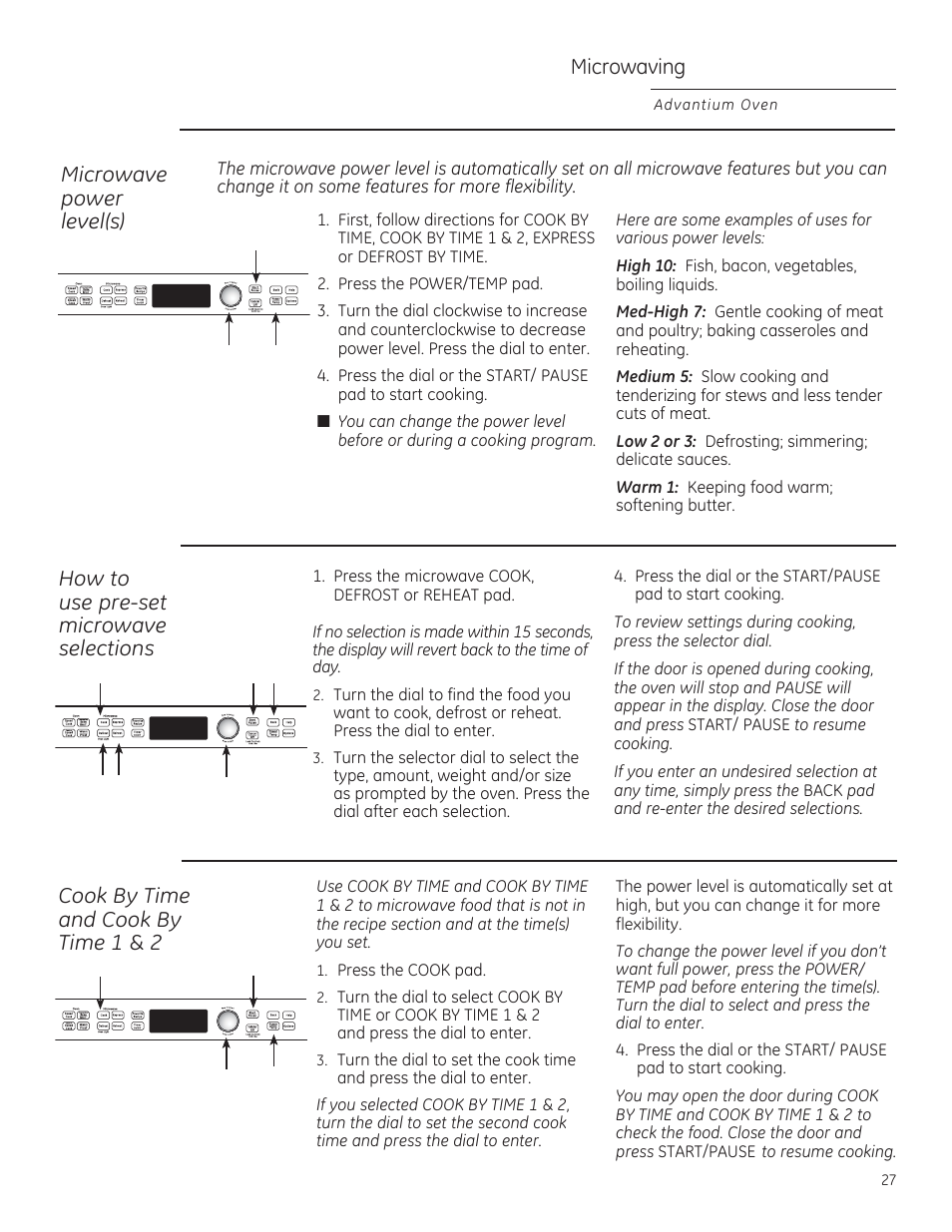 Cook by time and cook by time 1 & 2, Microwave power level(s), Microwaving | How to use pre-set microwave selections | GE PSB9240DFBB User Manual | Page 27 / 76