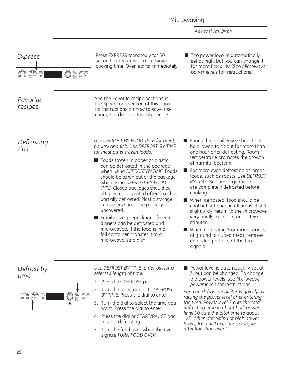 Microwaving, Express, Favorite recipes defrosting tips | Defrost by time | GE PSB9240DFBB User Manual | Page 28 / 76