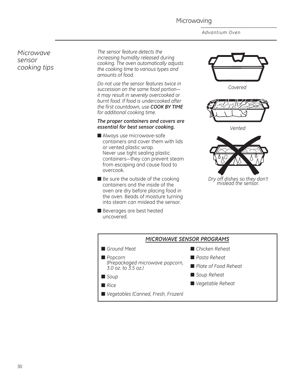 Microwaving, Microwave sensor cooking tips | GE PSB9240DFBB User Manual | Page 30 / 76