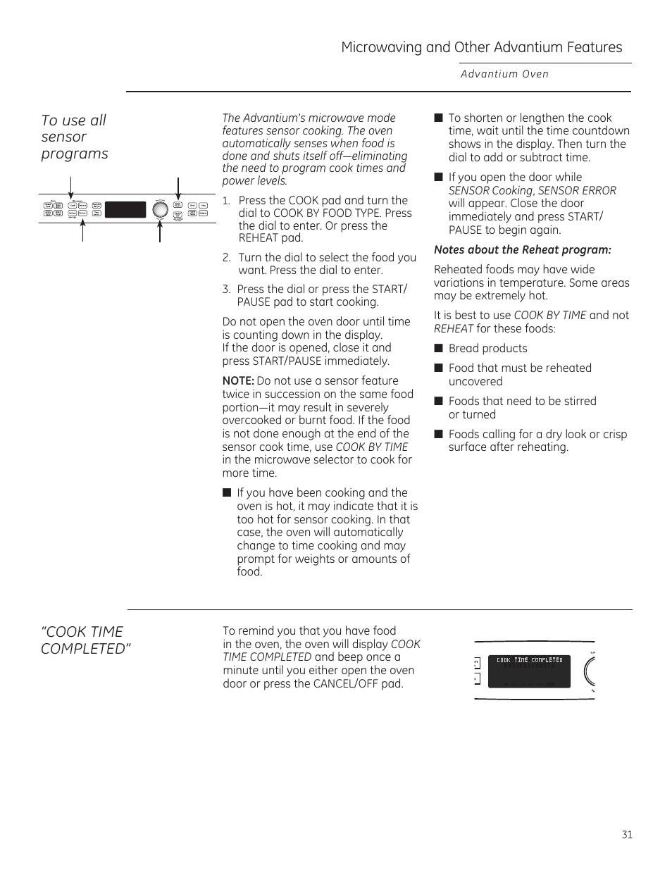 Microwaving and other advantium features, Cook time completed | GE PSB9240DFBB User Manual | Page 31 / 76