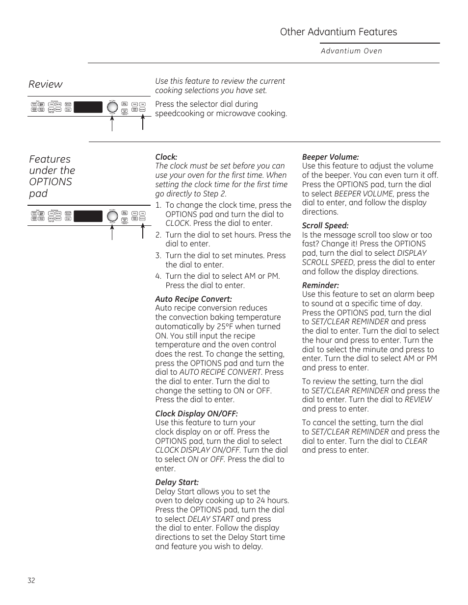 Other advantium features, Review features under the options pad | GE PSB9240DFBB User Manual | Page 32 / 76