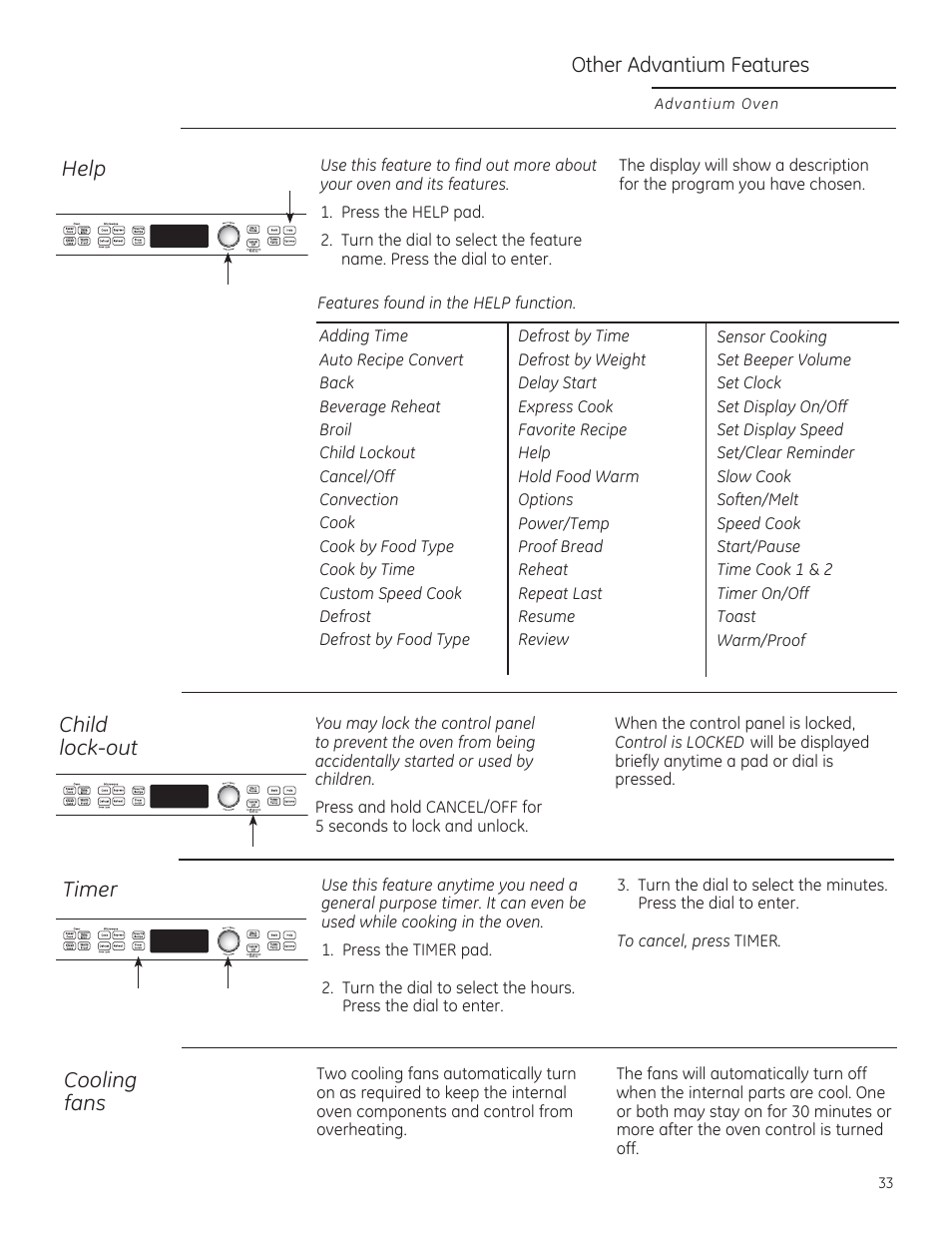 Help, Other advantium features, Timer | Cooling fans, Child lock-out | GE PSB9240DFBB User Manual | Page 33 / 76