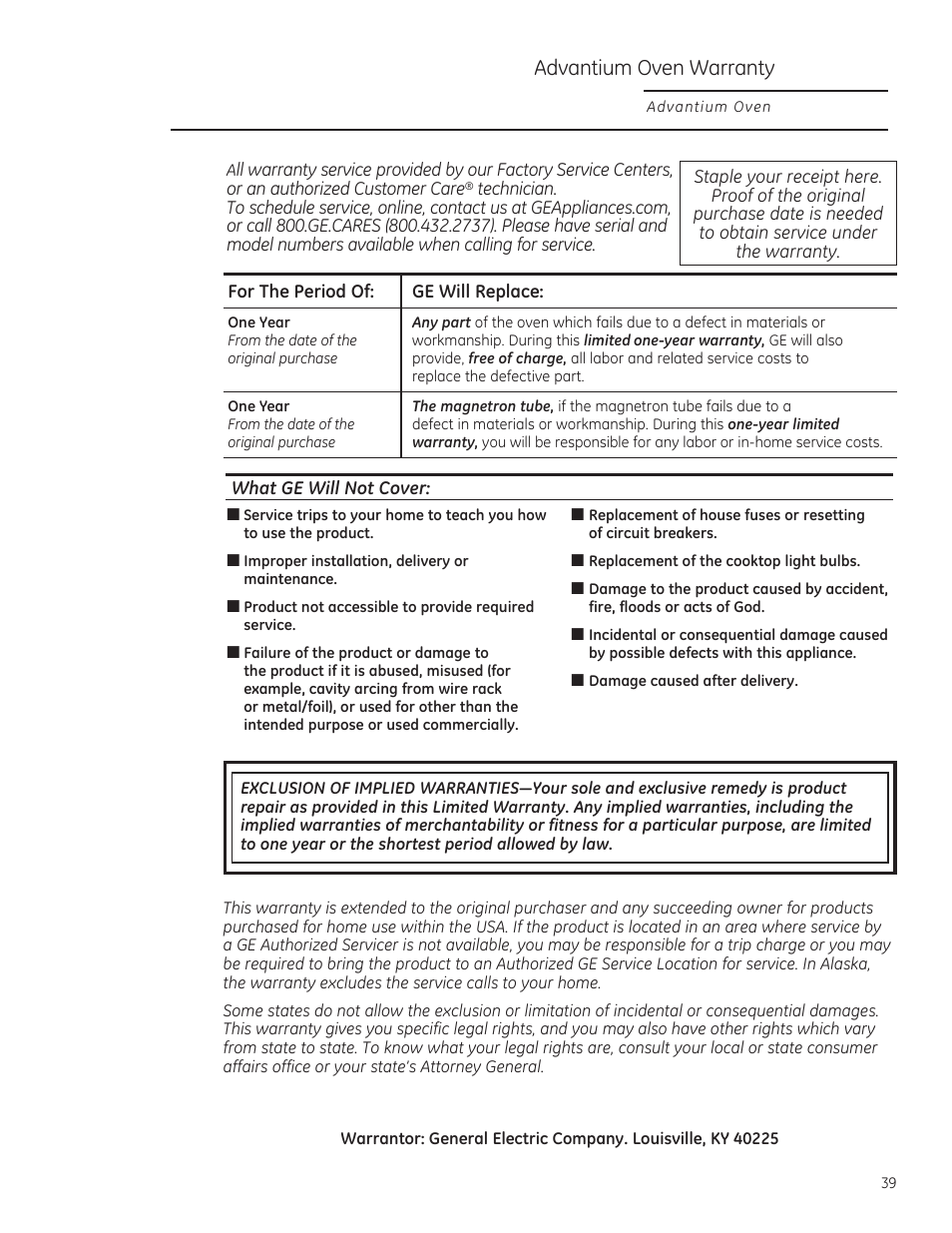 Advantium oven warranty | GE PSB9240DFBB User Manual | Page 39 / 76