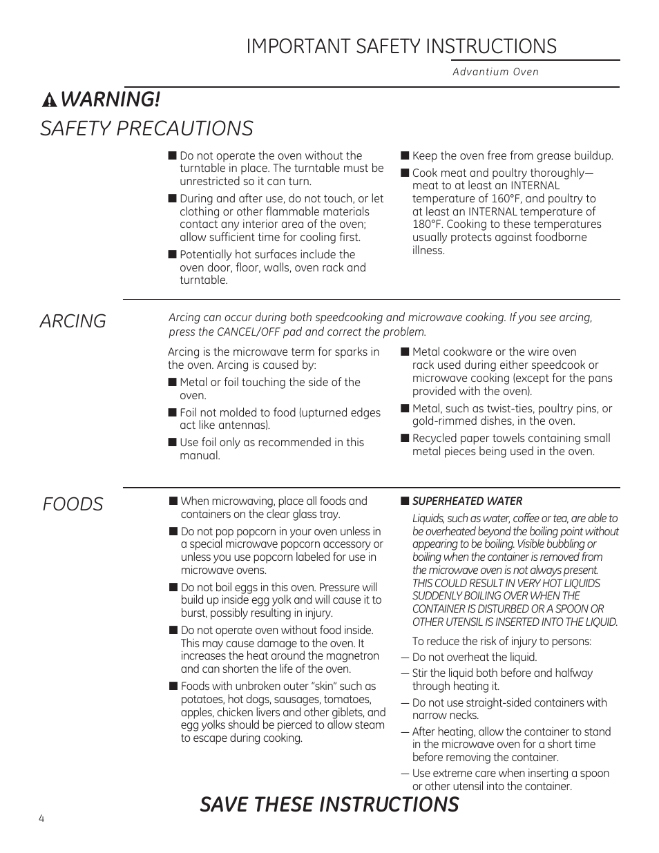 Warning, Safety precautions, Important safety instructions | Save these instructions, Arcing, Foods | GE PSB9240DFBB User Manual | Page 4 / 76