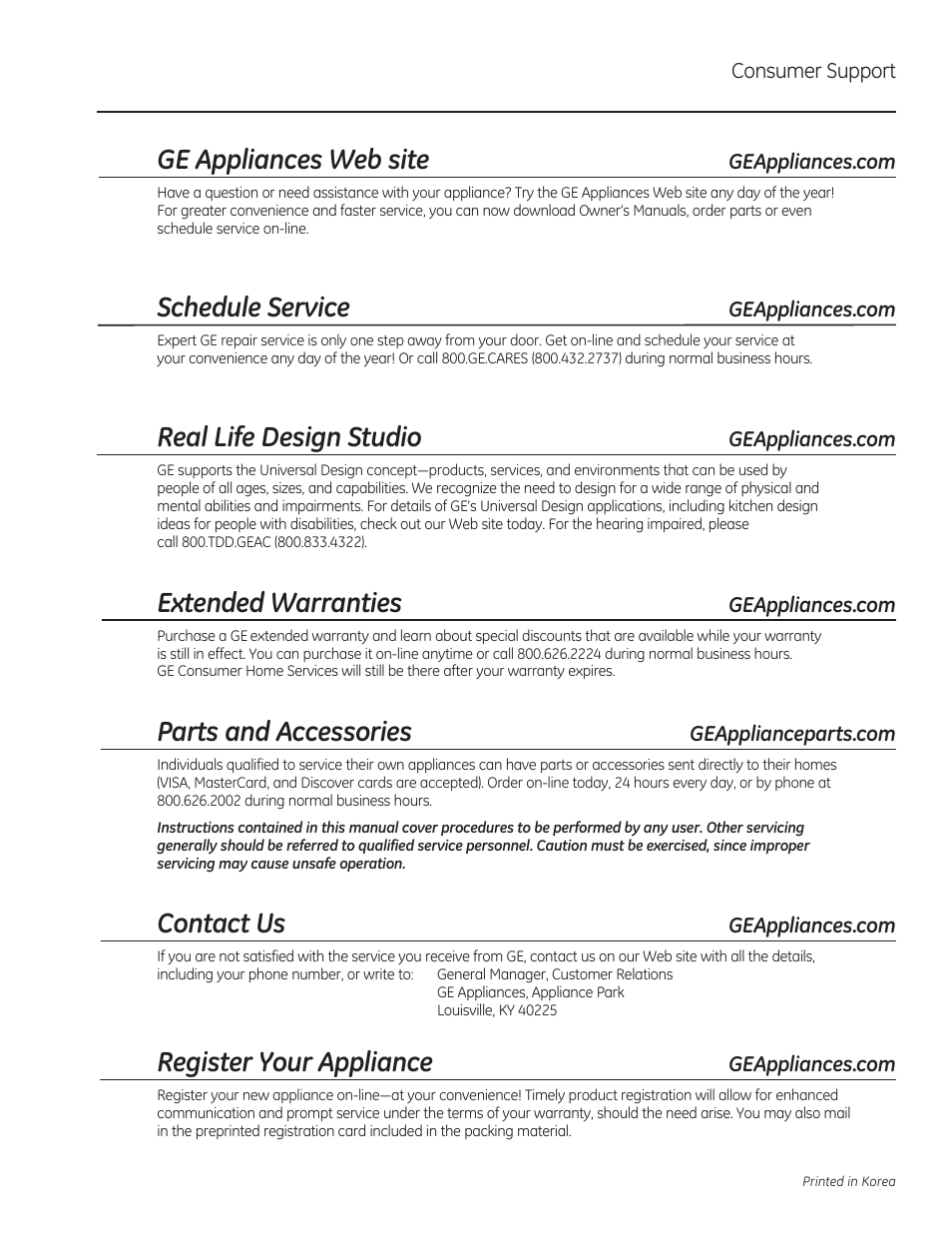 Ge appliances web site, Schedule service, Real life design studio | Extended warranties, Parts and accessories, Contact us, Register your appliance | GE PSB9240DFBB User Manual | Page 40 / 76