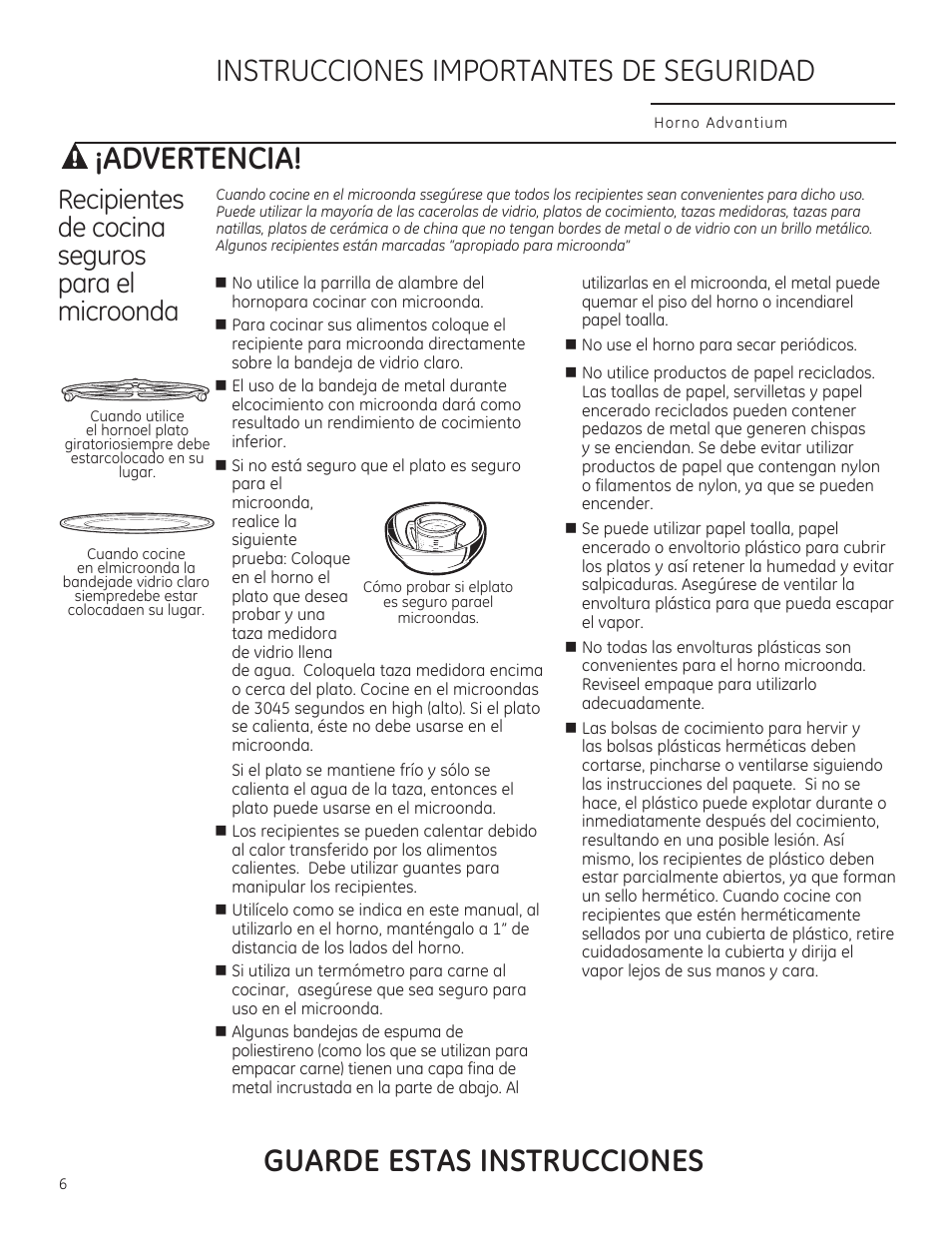 Advertencia, Guarde estas instrucciones, Instrucciones importantes de seguridad | Recipientes de cocina seguros para el microonda | GE PSB9240DFBB User Manual | Page 46 / 76