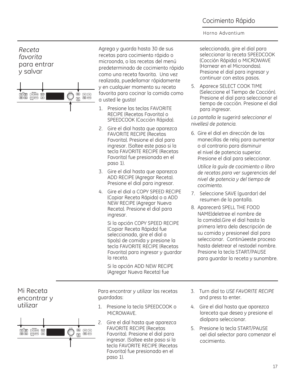 Cocimiento rápido, Receta favorita para entrar y salvar, Mi receta encontrar y utilizar | GE PSB9240DFBB User Manual | Page 57 / 76