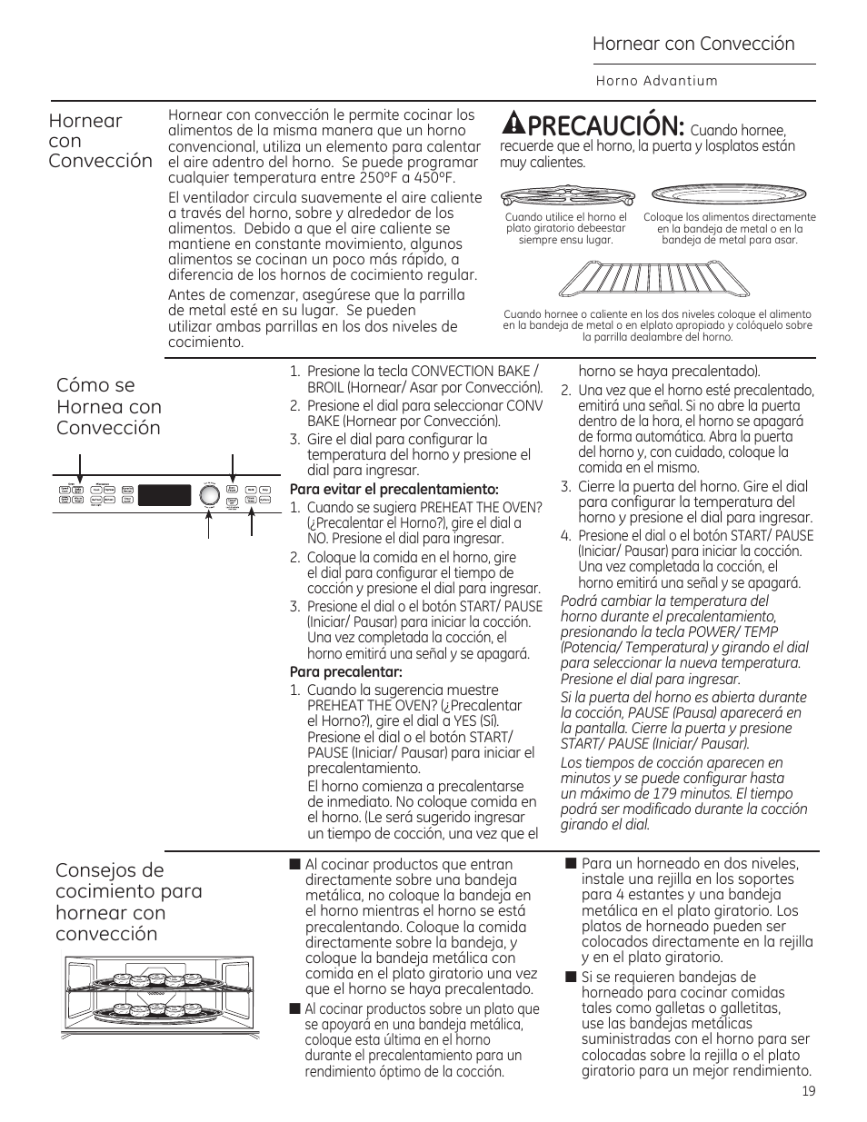 Precaución, Hornear con convección | GE PSB9240DFBB User Manual | Page 59 / 76