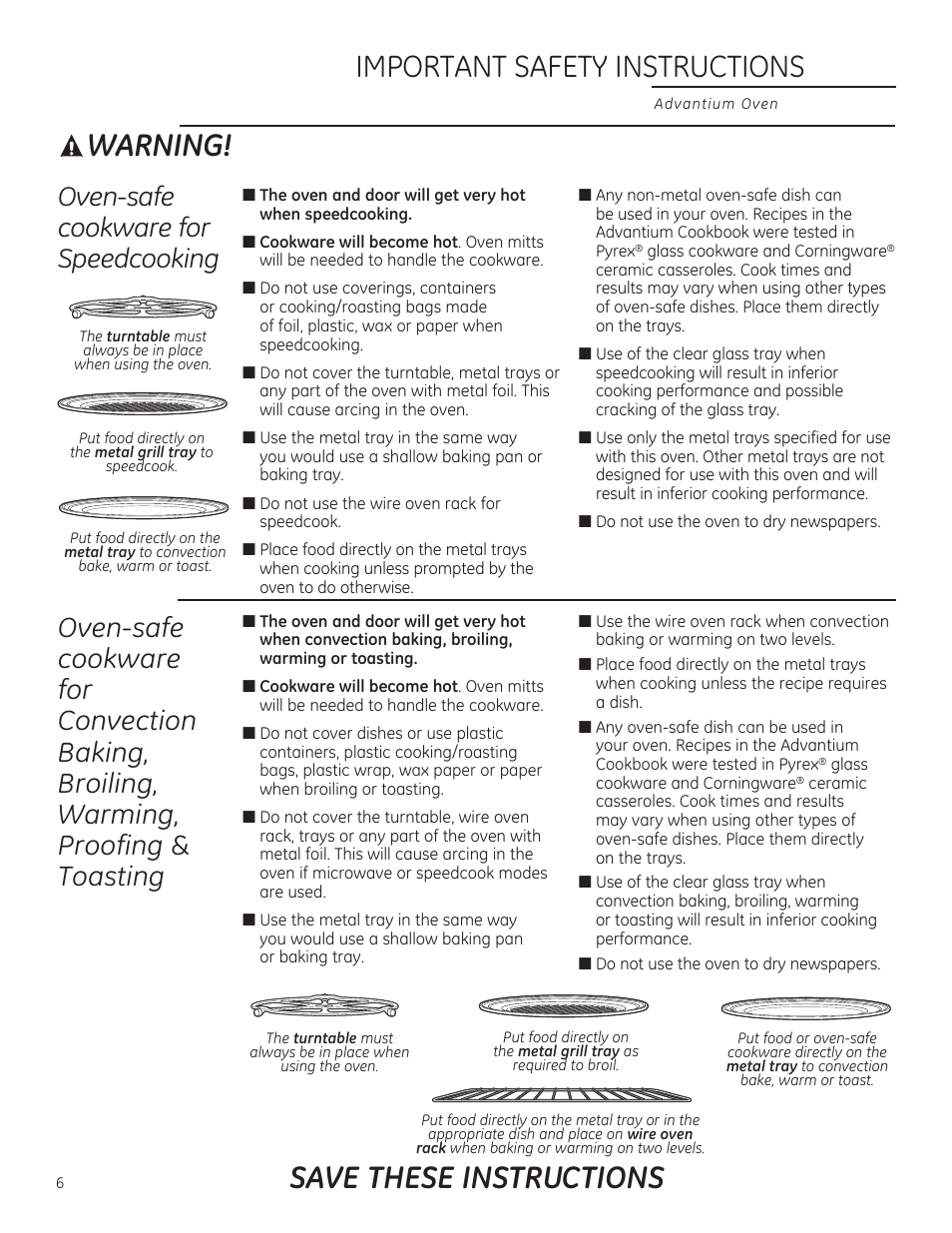 Save these instructions, Warning, Important safety instructions | Oven-safe cookware for speedcooking | GE PSB9240DFBB User Manual | Page 6 / 76