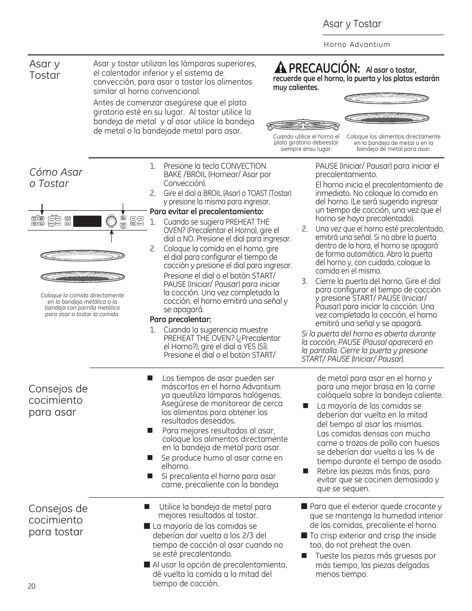 Precaución, Asar y tostar, Consejos de cocimiento para asar | Consejos de cocimiento para tostar, Cómo asar o tostar | GE PSB9240DFBB User Manual | Page 60 / 76