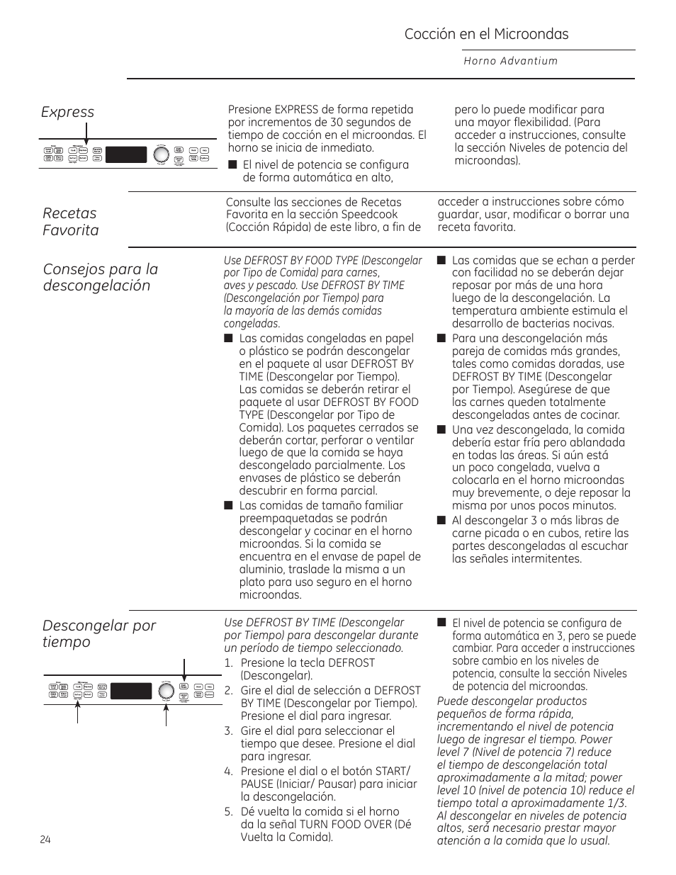 Cocción en el microondas, Express, Recetas favorita consejos para la descongelación | Descongelar por tiempo | GE PSB9240DFBB User Manual | Page 64 / 76