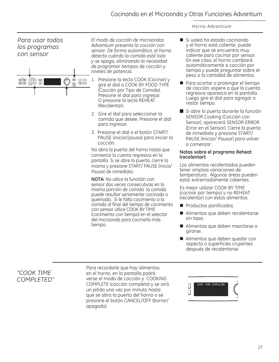 Para usar todos los programas con sensor, Cook time completed | GE PSB9240DFBB User Manual | Page 67 / 76