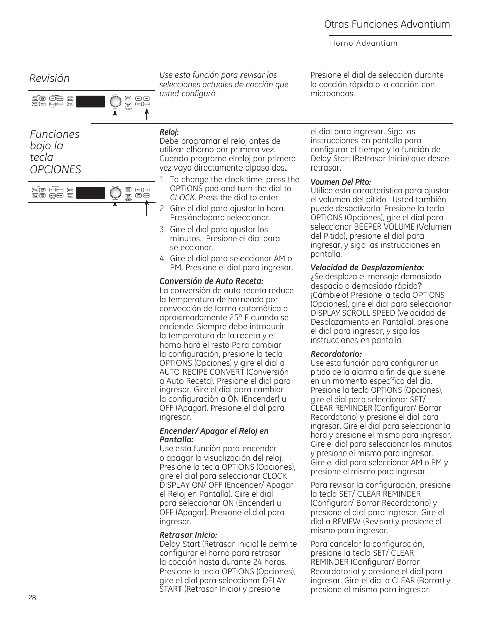 Otras funciones advantium, Revisión funciones bajo la tecla opciones | GE PSB9240DFBB User Manual | Page 68 / 76