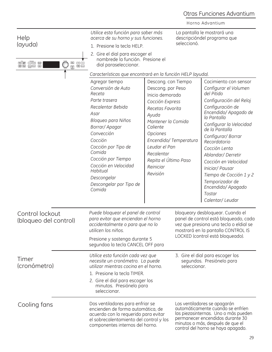 Help (ayuda), Timer (cronómetro), Cooling fans | GE PSB9240DFBB User Manual | Page 69 / 76
