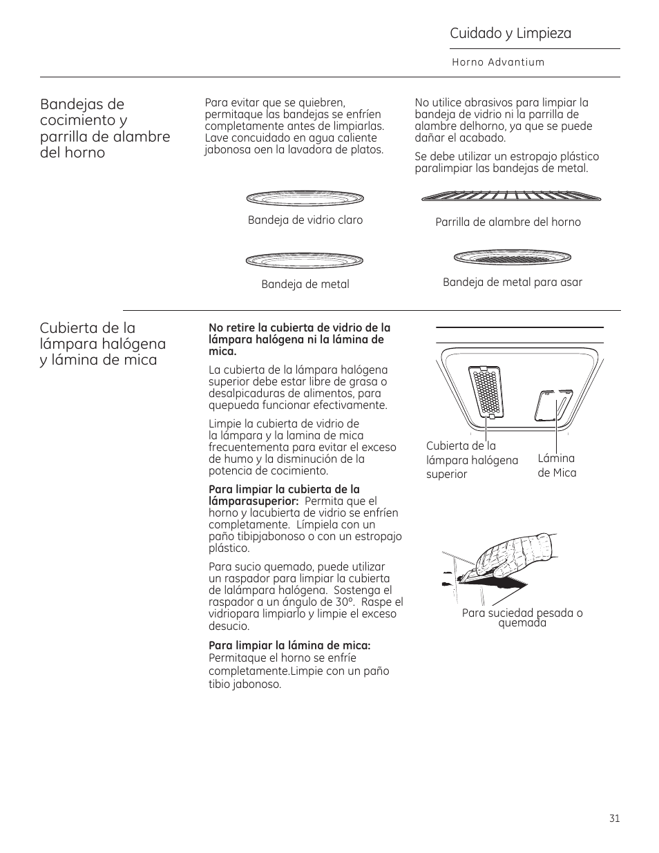 Cuidado y limpieza, Cubierta de la lámpara halógena y lámina de mica | GE PSB9240DFBB User Manual | Page 71 / 76