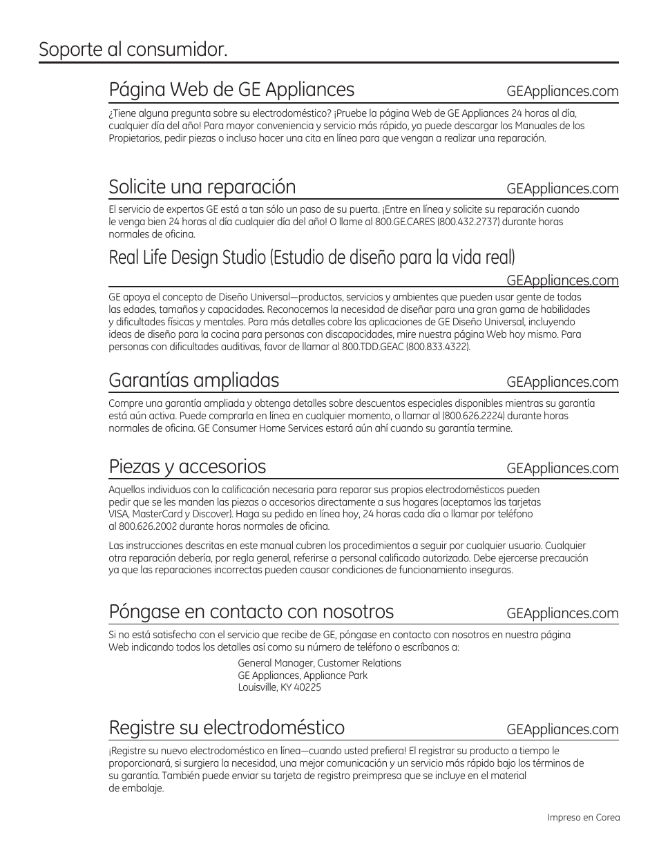 Soporte al consumidor. página web de ge appliances, Solicite una reparación, Piezas y accesorios | Póngase en contacto con nosotros, Registre su electrodoméstico, Garantías ampliadas | GE PSB9240DFBB User Manual | Page 76 / 76