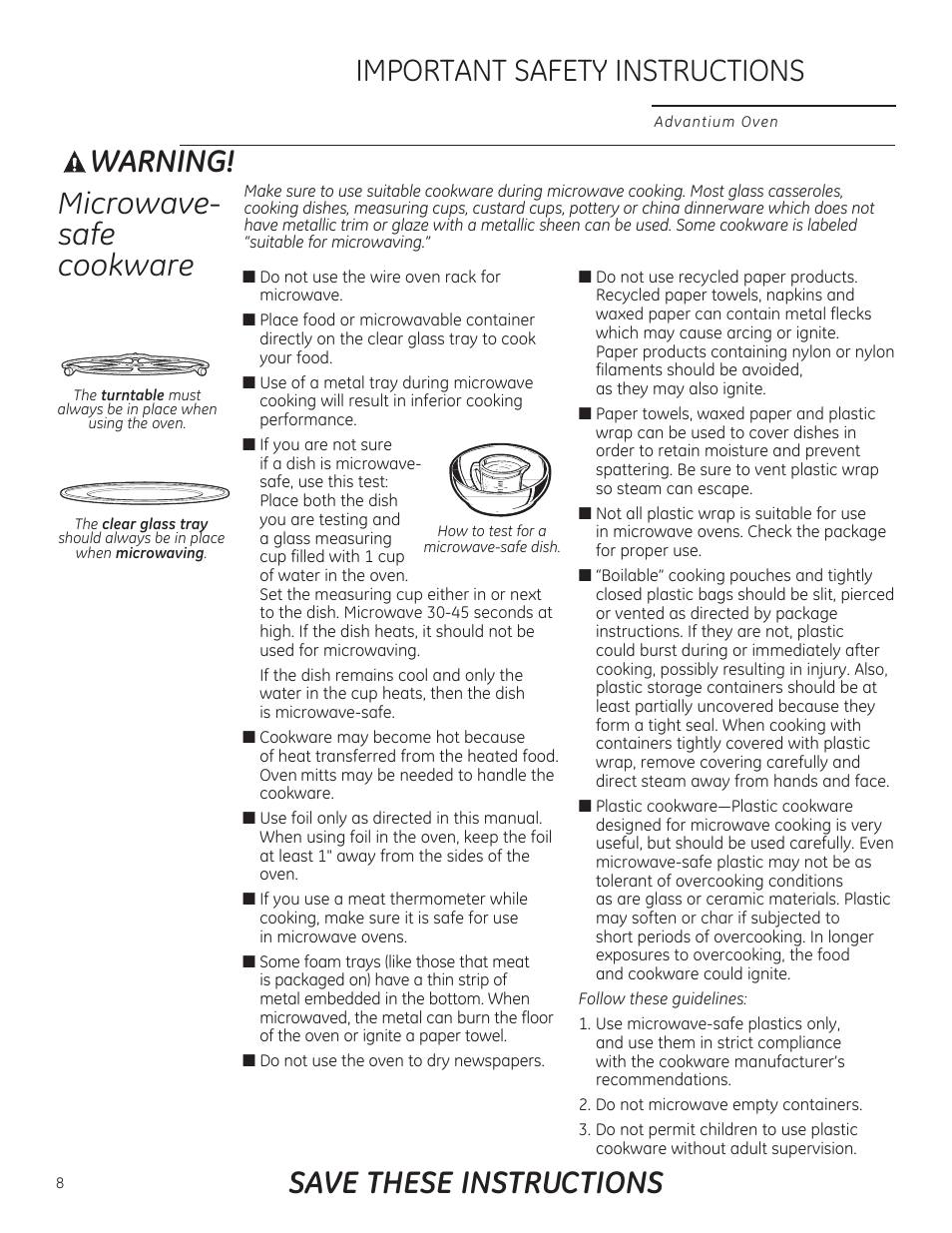 Warning, Microwave- safe cookware, Important safety instructions | Save these instructions | GE PSB9240DFBB User Manual | Page 8 / 76