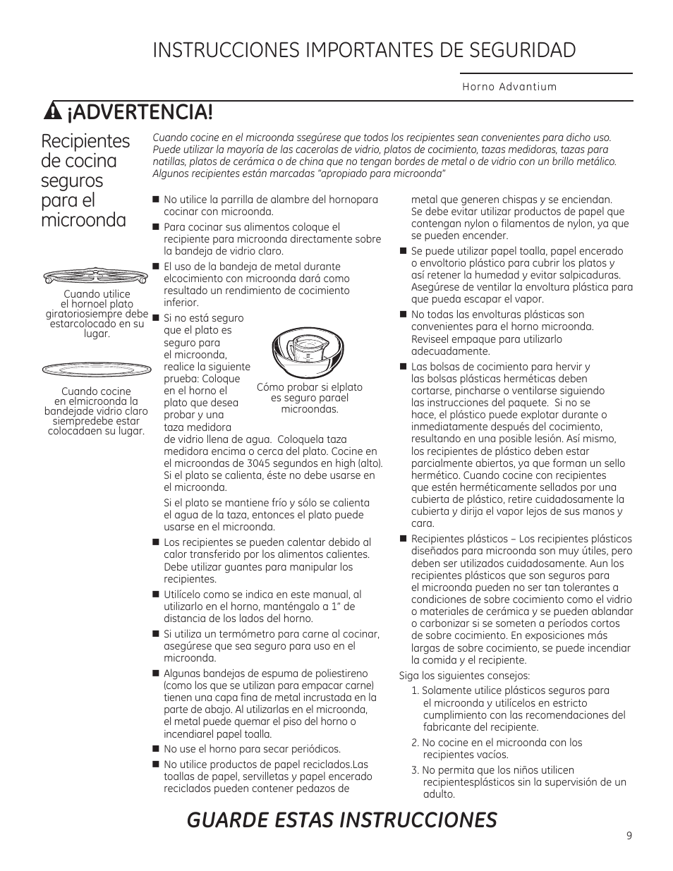 Advertencia, Guarde estas instrucciones, Instrucciones importantes de seguridad | Recipientes de cocina seguros para el microonda | GE PSB9240DFBB User Manual | Page 9 / 76