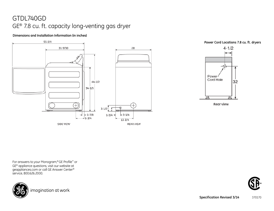 Gtdl740gd, 8 cu. ft. capacity long-venting gas dryer | GE GTDL740GDWW User Manual | Page 2 / 4