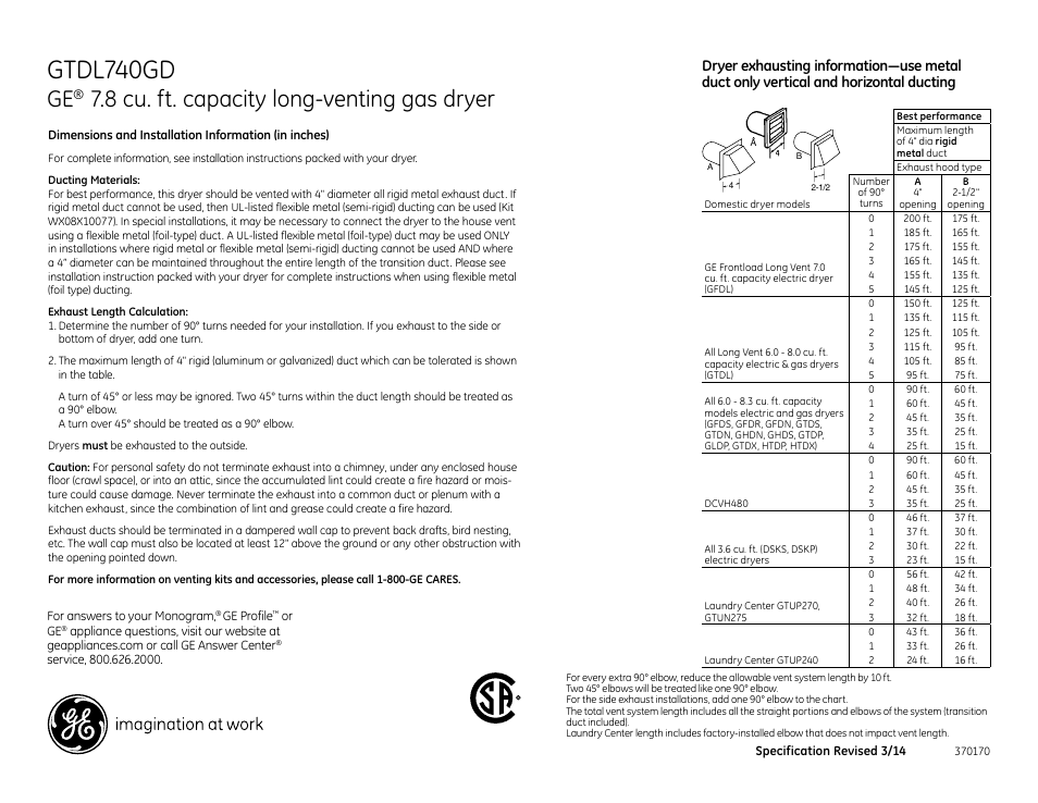 Gtdl740gd, 8 cu. ft. capacity long-venting gas dryer | GE GTDL740GDWW User Manual | Page 3 / 4