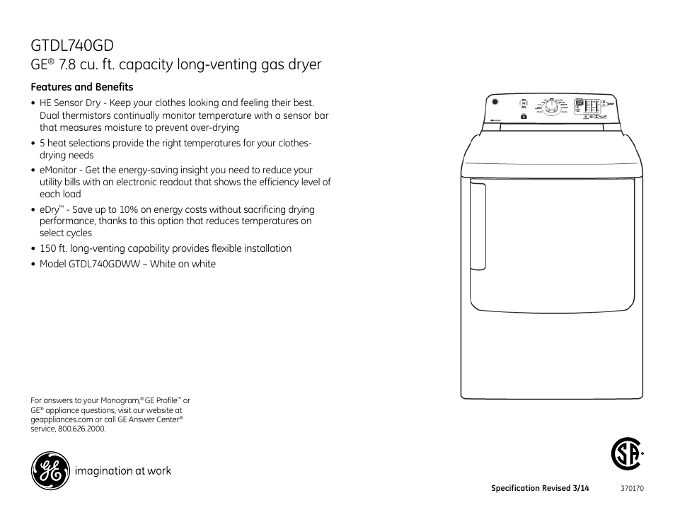 Gtdl740gd, 8 cu. ft. capacity long-venting gas dryer | GE GTDL740GDWW User Manual | Page 4 / 4