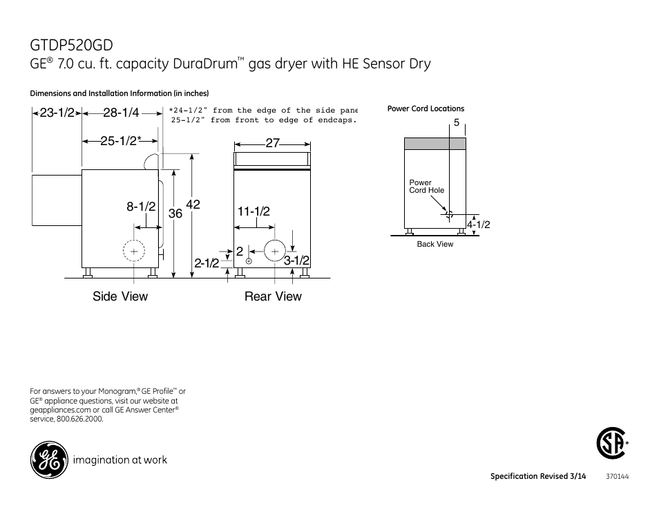 Gtdp520gd, 0 cu. ft. capacity duradrum, Gas dryer with he sensor dry | GE GTDP520GDWW User Manual | Page 2 / 4