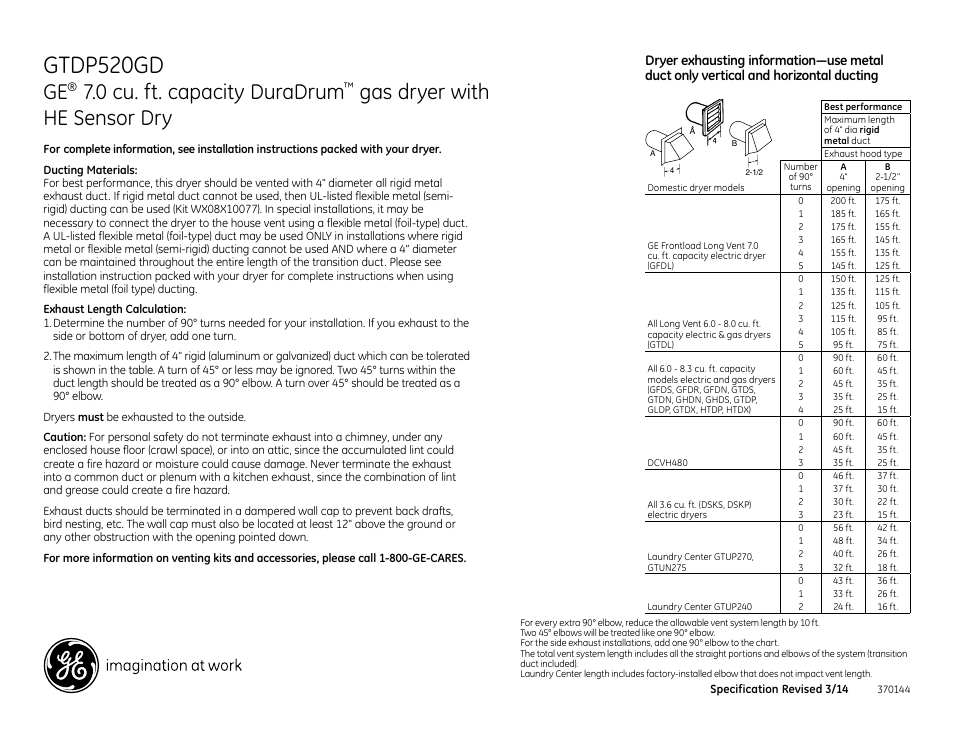 Gtdp520gd, 0 cu. ft. capacity duradrum, Gas dryer with he sensor dry | GE GTDP520GDWW User Manual | Page 3 / 4