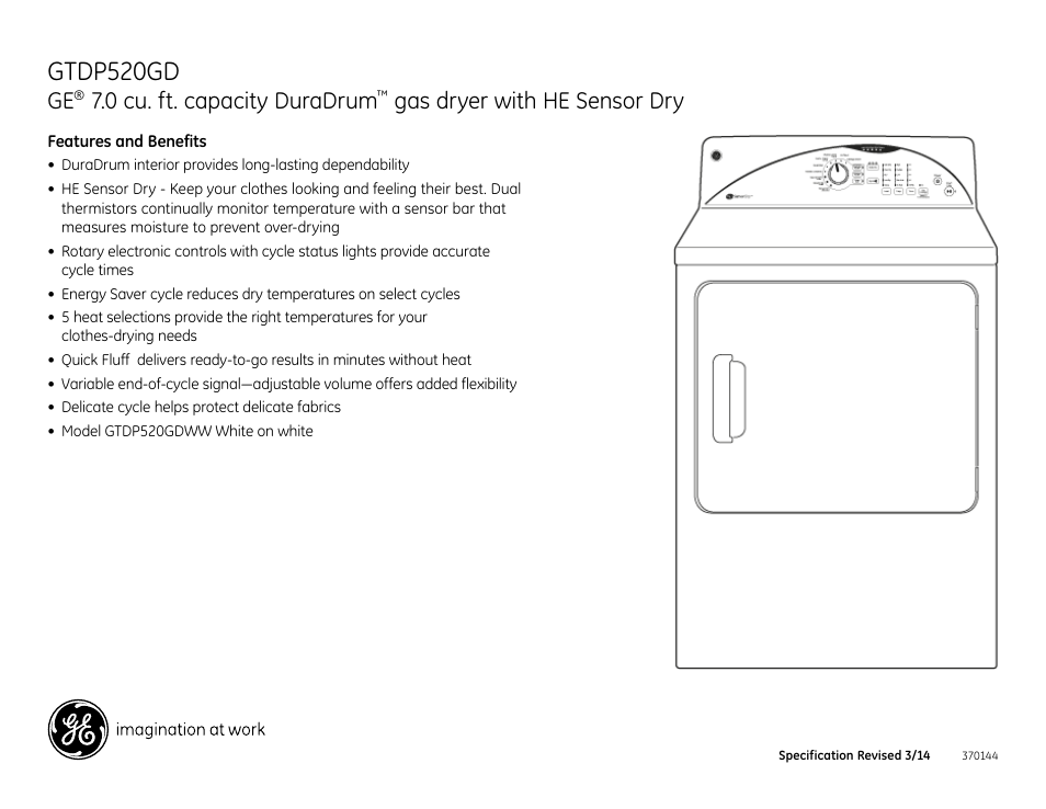 Gtdp520gd, 0 cu. ft. capacity duradrum, Gas dryer with he sensor dry | GE GTDP520GDWW User Manual | Page 4 / 4