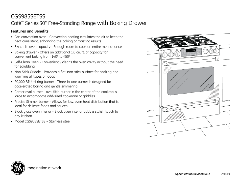 Cgs985setss, With baking drawer, Café | Series, 30" free-standing range | GE CGS985SETSS User Manual | Page 2 / 2