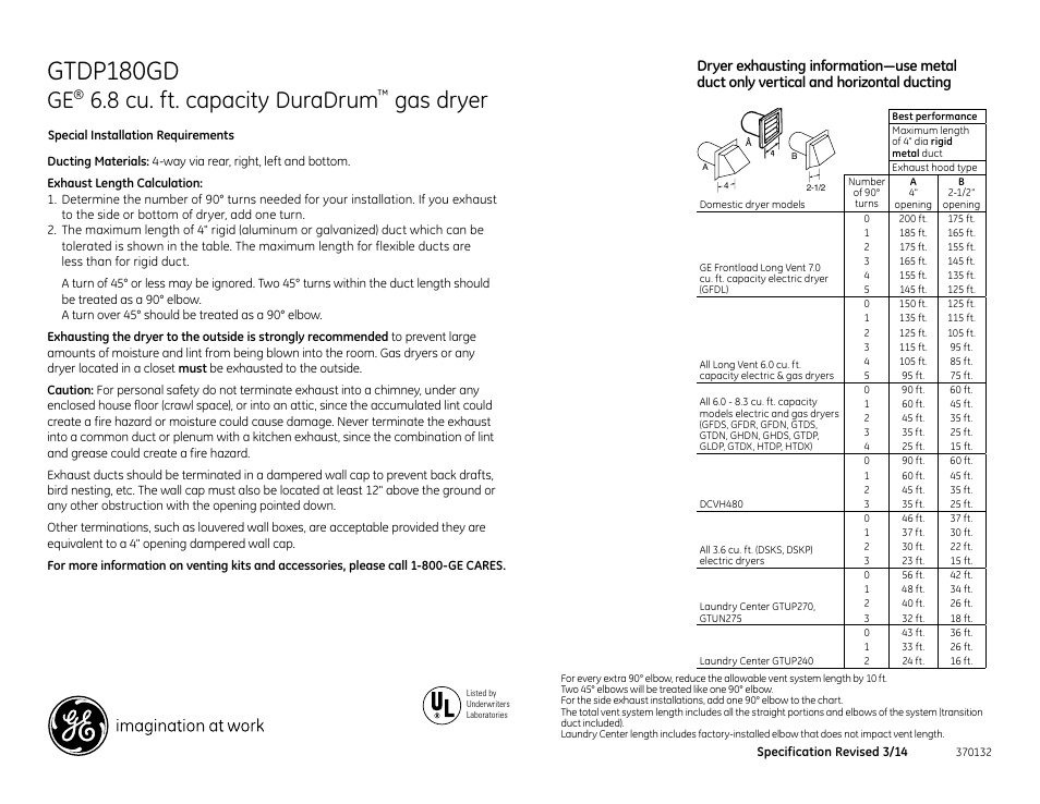 Gtdp180gd, 8 cu. ft. capacity duradrum, Gas dryer | GE GTDP180GDWW User Manual | Page 2 / 3