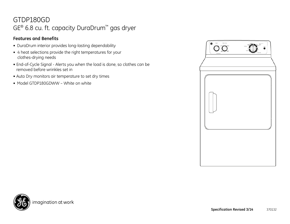 Gtdp180gd, 8 cu. ft. capacity duradrum, Gas dryer | GE GTDP180GDWW User Manual | Page 3 / 3