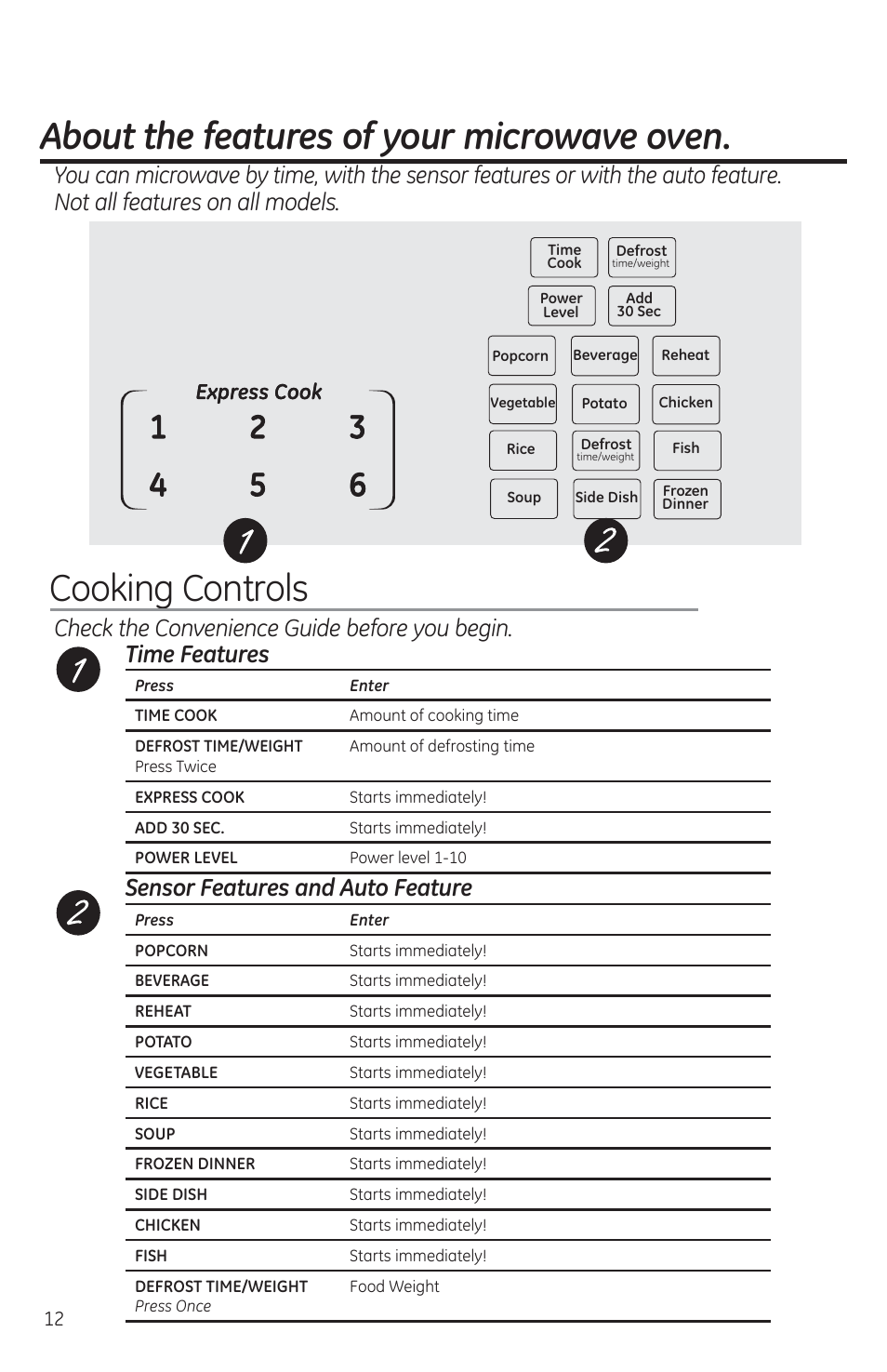 About the features of your microwave oven, Cooking controls, Express cook | GE JES1460DSBB User Manual | Page 12 / 72