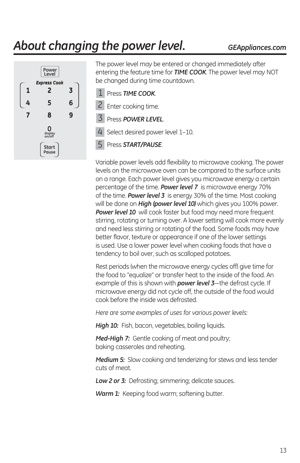 Press power level, Press start/pause, About changing the power level | GE JES1460DSBB User Manual | Page 13 / 72